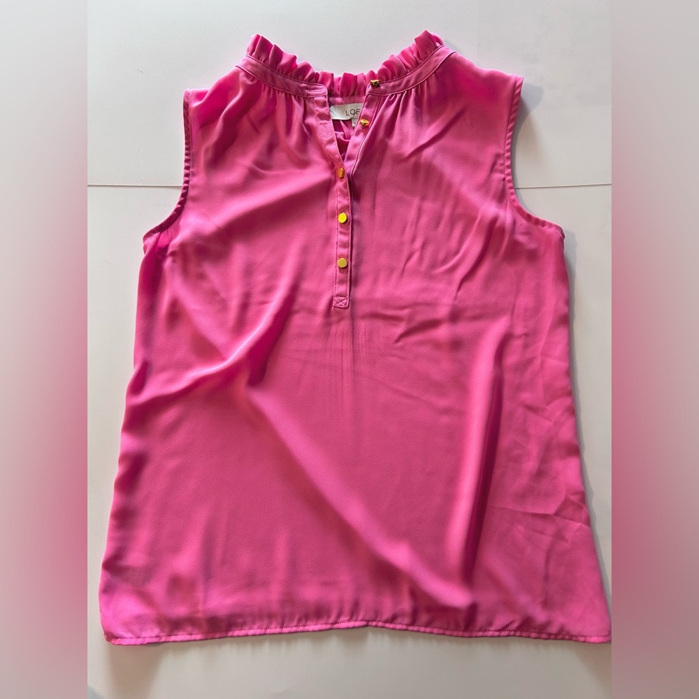Ann Taylor LOFT  Ruffle Neck Trim Sleeveless Blouse with Gold Buttons Size XS